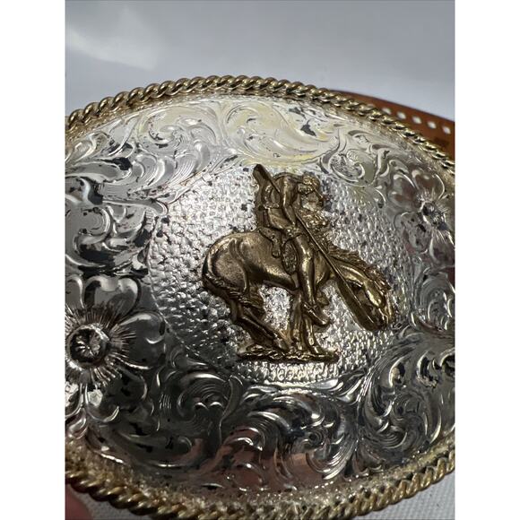 Silver Plated “END OF THE TRAIL” Indian Art Southwestern Belt Buckle Tooled Belt - Picture 2 of 11